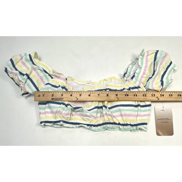 COCOFREE Womens XS Pastel Stripe Puff Sleeve Bandeau High Waist BIKINI Swimsuit - Picture 5 of 8